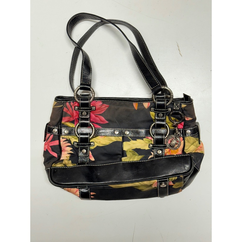 Tommy Bahama Floral Tote Bag Black Leather Trim Silver Hardware Women's Purse